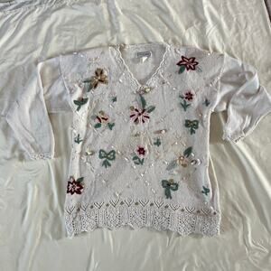Vtg Y2K Plus White Floral Ribbon Bow Sweater 20W Coquette Romantic Cottagecore